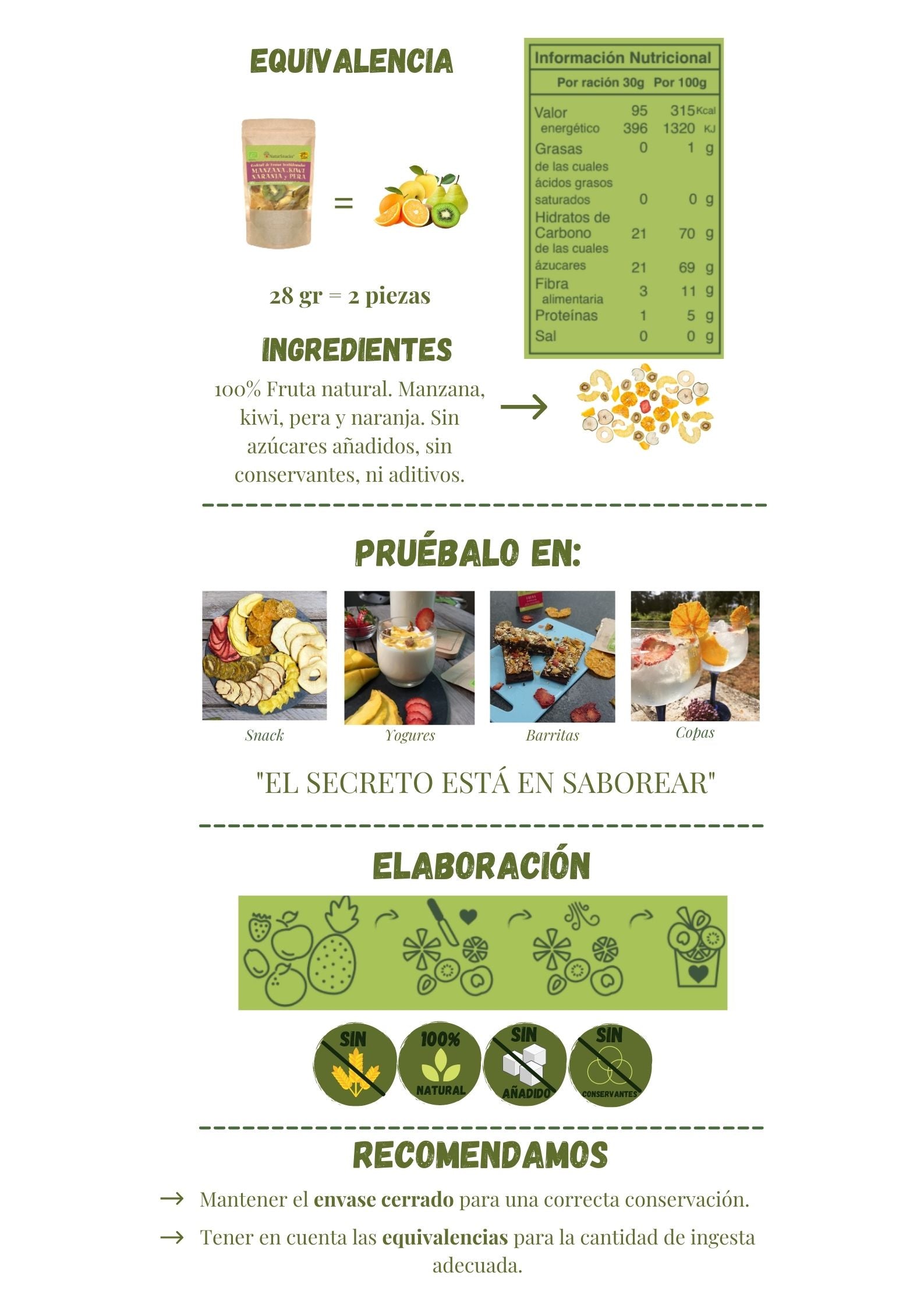 Equivalencias fruta fresca y fruta deshidratada, fruta manzana, kiwi, pera y naranja, tabla de información nutricional. Ingredientes 100% fruta natural manzana, kiwi, pera y naranja. Deshidratado sin azúcares añadidos, sin conservantes ni aditivos. Pruébalo en diferentes recetas, el secreto está en saborear. Recomendaciones de uso y consumo