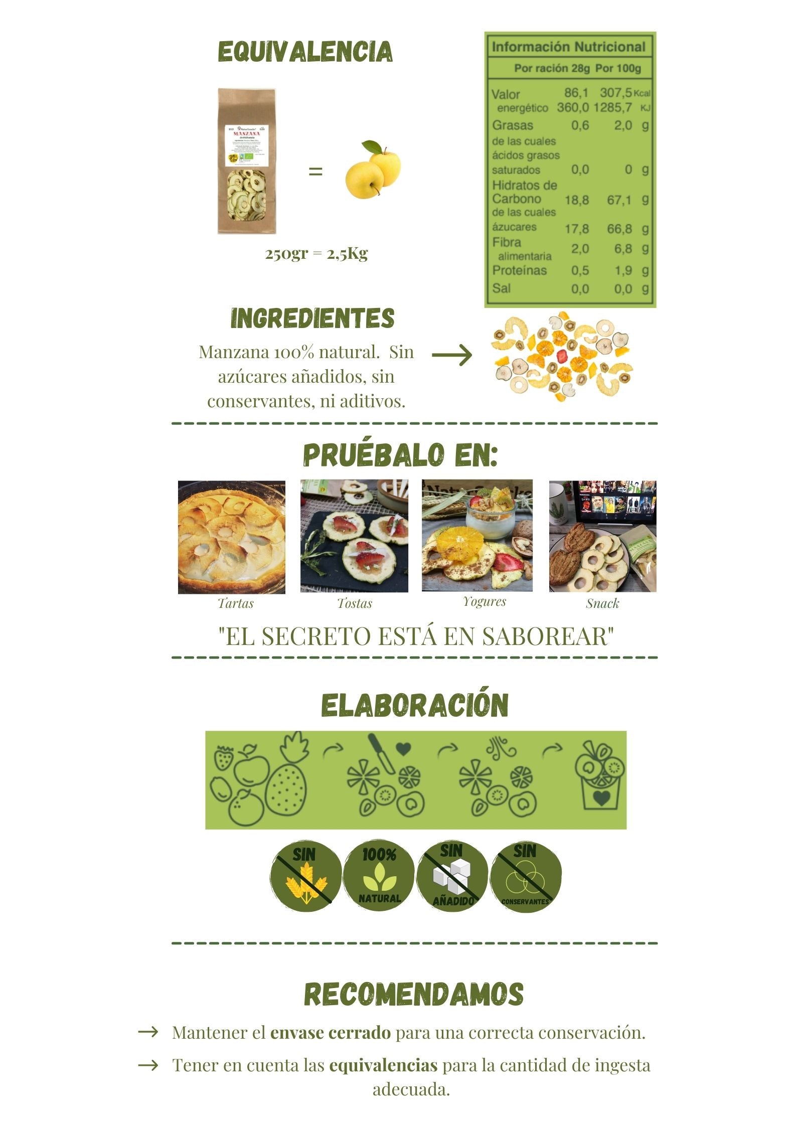 Equivalencia manzana fresca y manzana deshidratada, tabla de información nutricional. Ingredientes manzana 100% natural sin azúcares añadidos, sin conservantes ni aditivos. Sin cosas raras. El secreto está en saborear. 