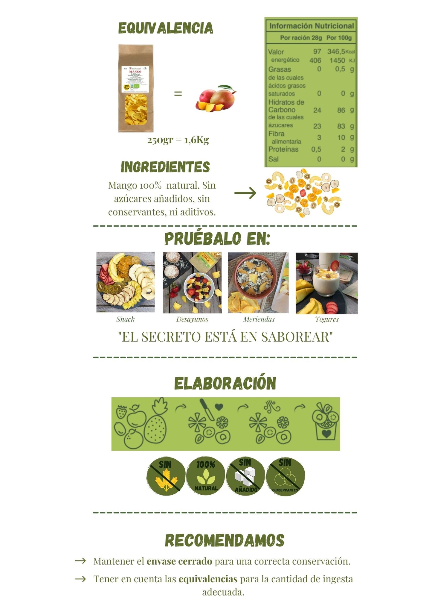 Equivalencia mango fresco y mango deshidratado, información nutricional fruta deshidratada. Ingredientes snacks saludable 100% natural sin azúcares, conservantes ni aditivos añadidos. Pruébalo en diferentes recetas saludables. Mango deshidratado Bio formato familiar 