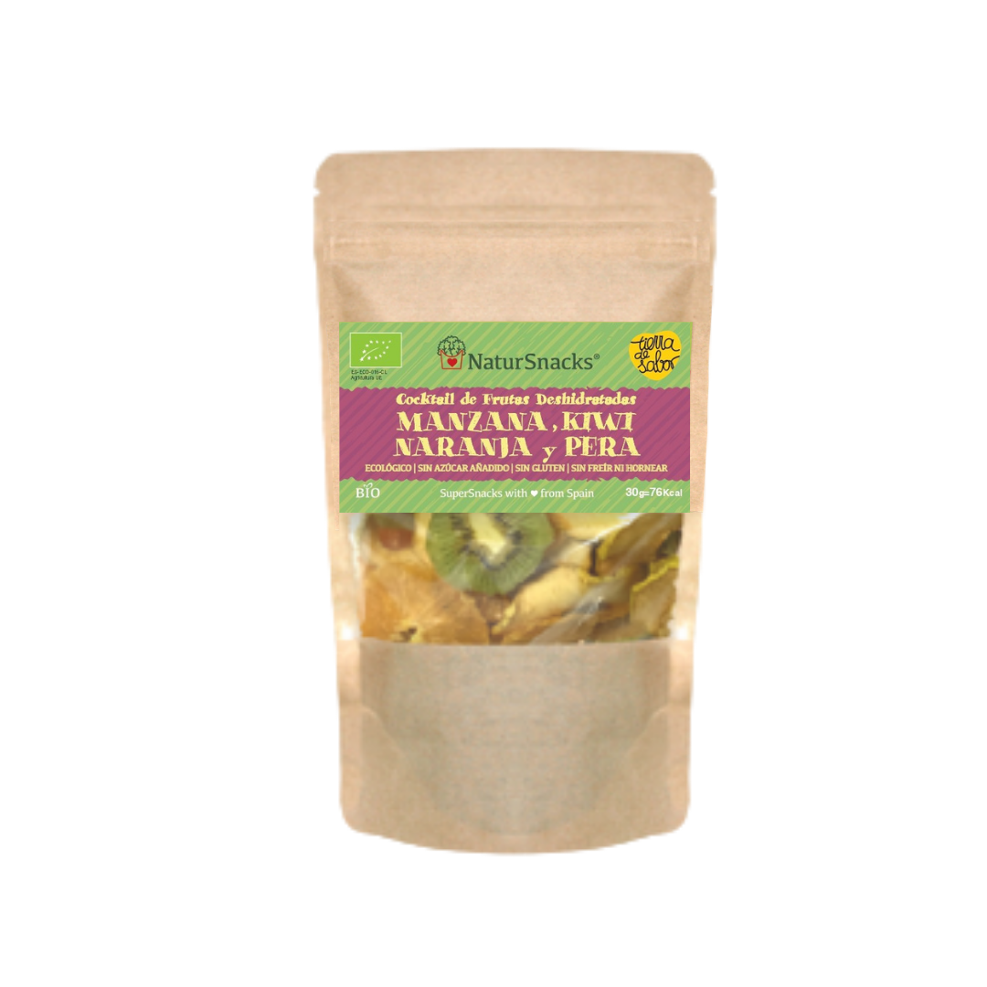 Bio Cóctel de fruta deshidratada bio formado por manzana deshidratada, kiwi deshidratado, naranja deshidratada y pera deshidratada. Fruta 100% natural sin cosas raras